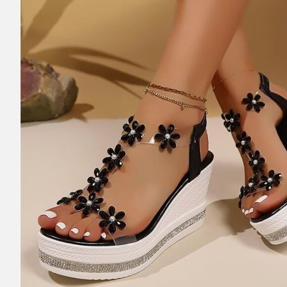 Macy's Black Floral Wedge Sandals - Picture 6 of 11